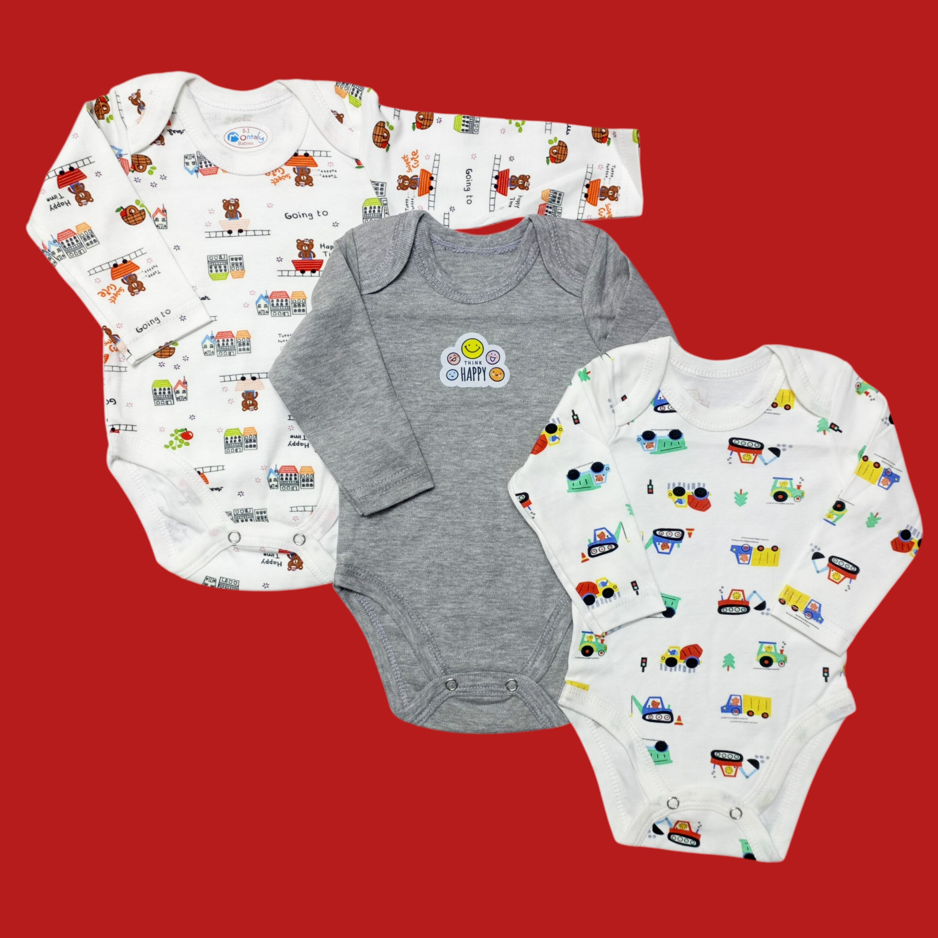 Pack of 3 Long Sleeve Bodysuits - Gray