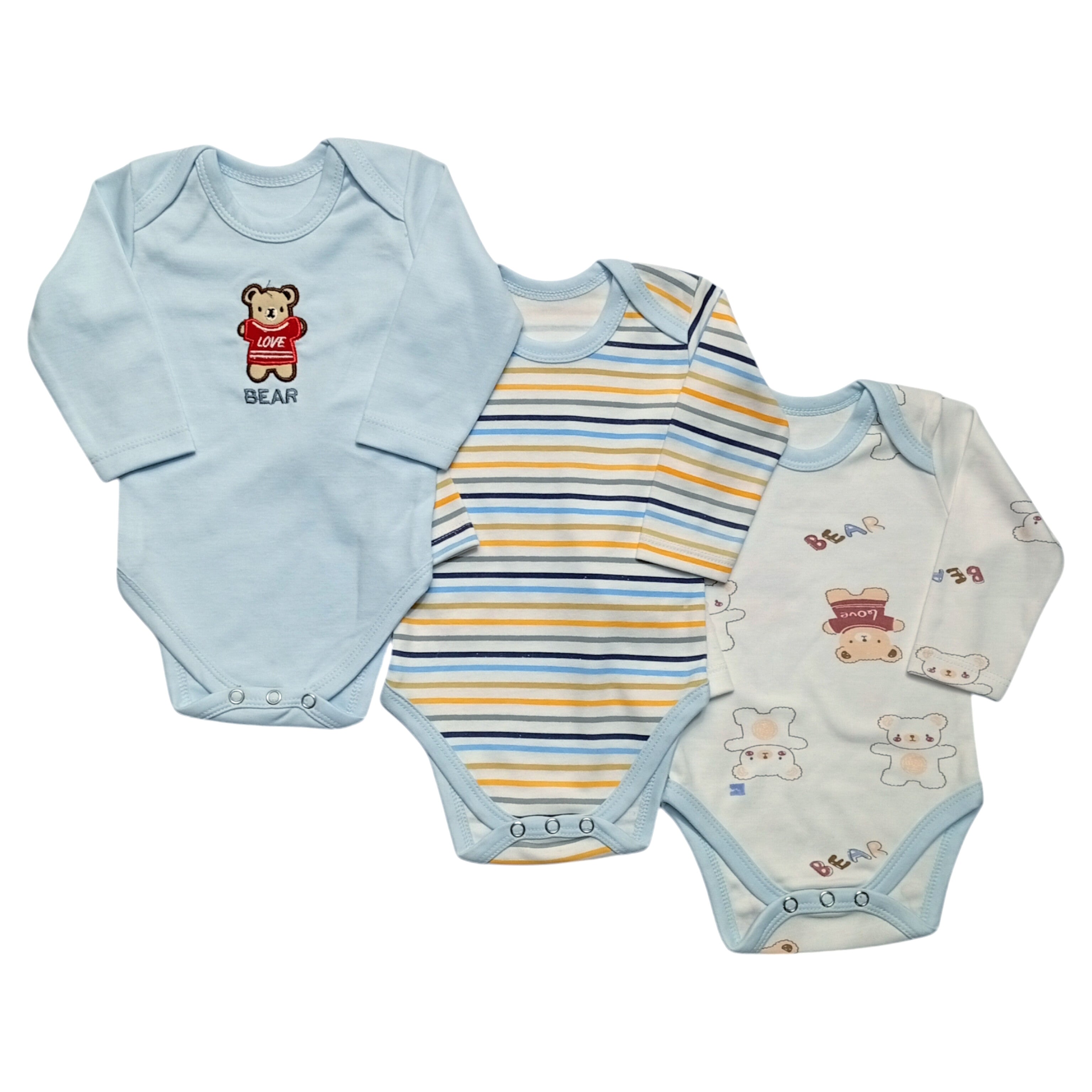 Pack of 3 Long Sleeve Bodysuits - Blue Bear