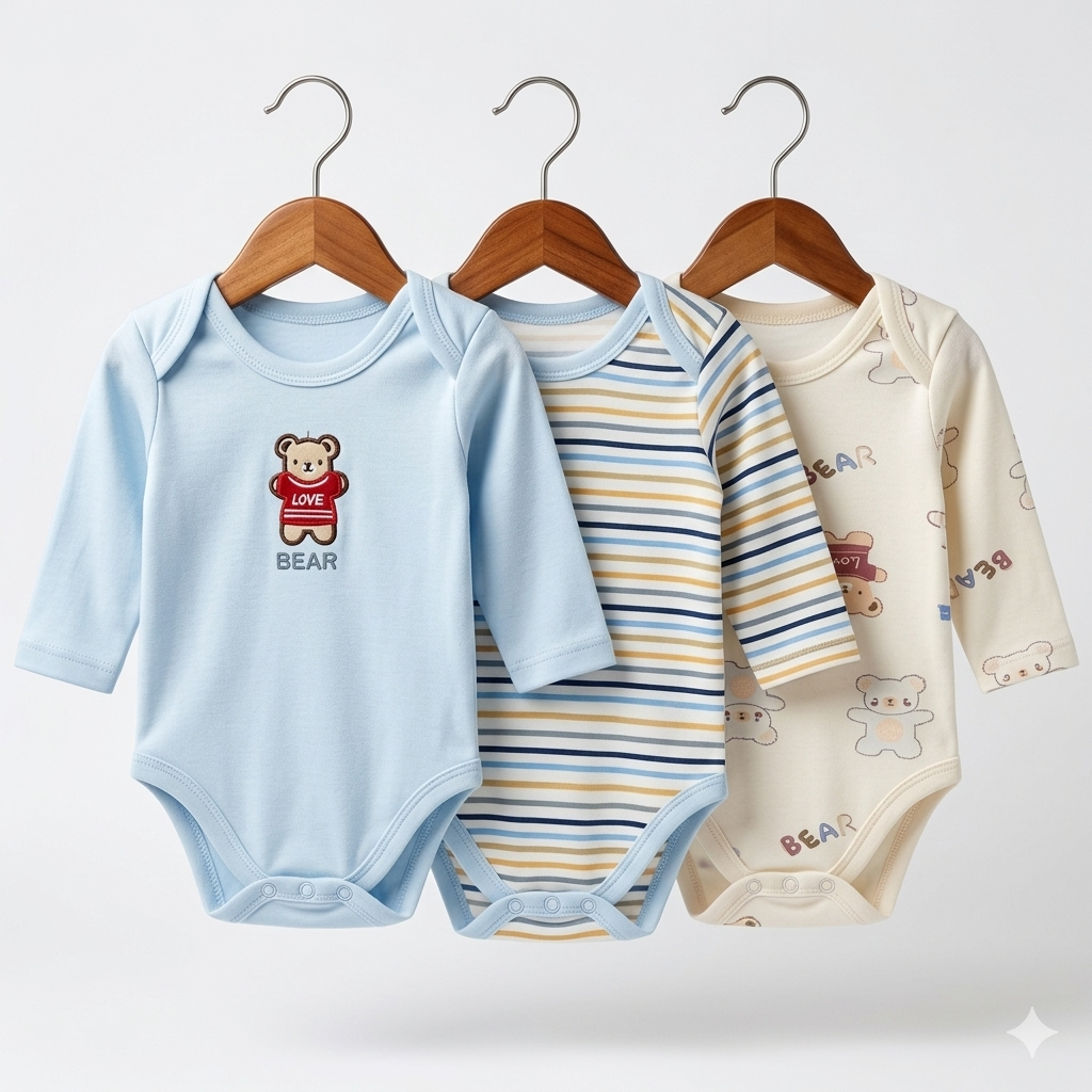 Pack of 3 Long Sleeve Bodysuits - Blue Bear