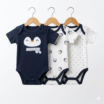 Pack of 3 Half Sleeve Bodysuits - Blue Penguin