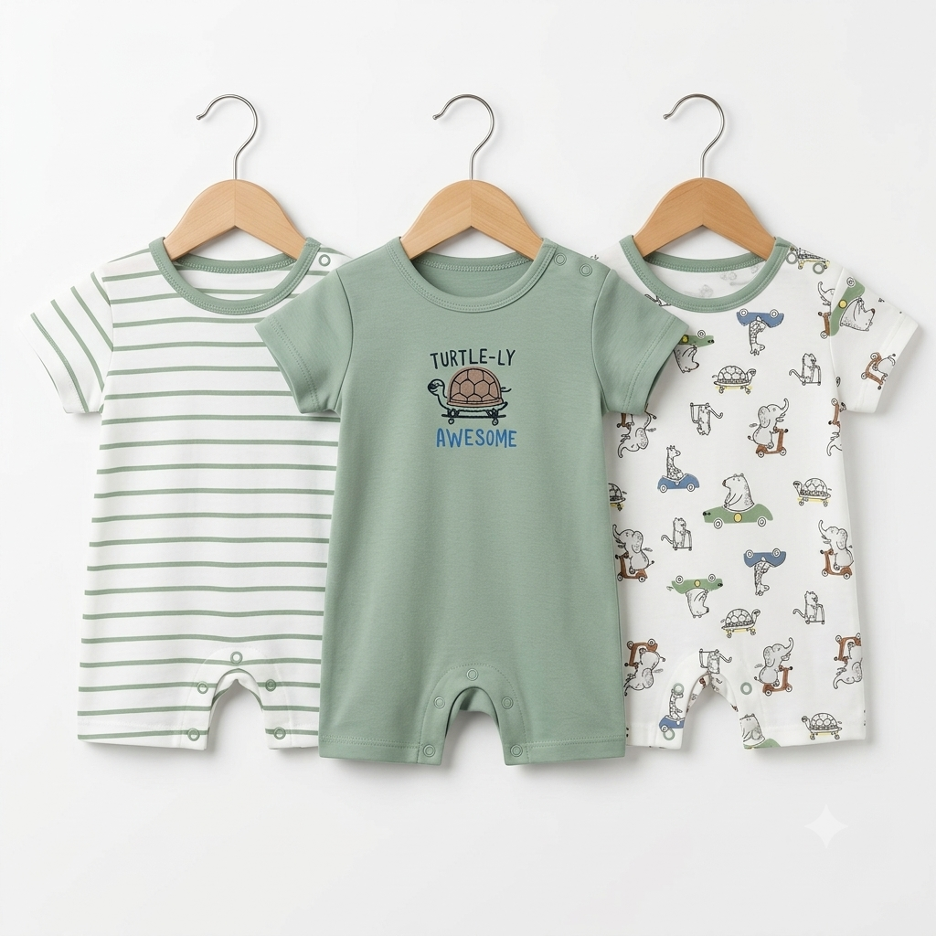 Short Leg Rompers - Green - Cartoon
