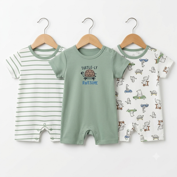 Short Leg Rompers - Green - Cartoon