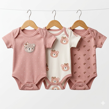 Pack of 3 Half Sleeve Bodysuits - Bear Pink