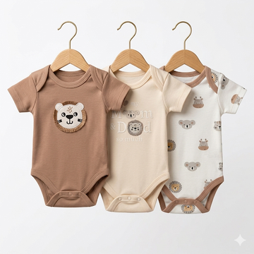 Pack of 3 Half Sleeve Bodysuits - Brown Lion