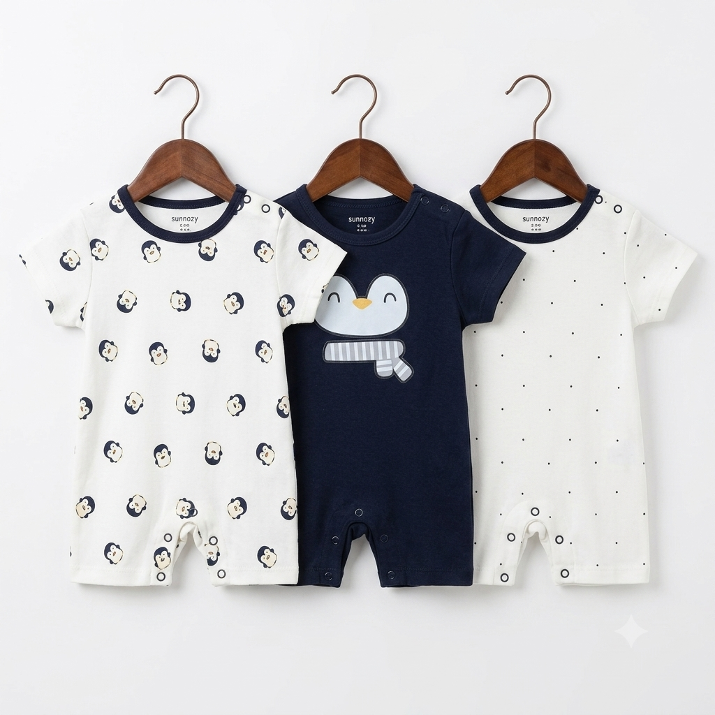 Short Leg Rompers - Blue - Penguin
