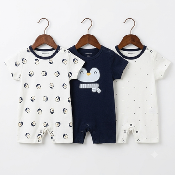 Short Leg Rompers - Blue - Penguin